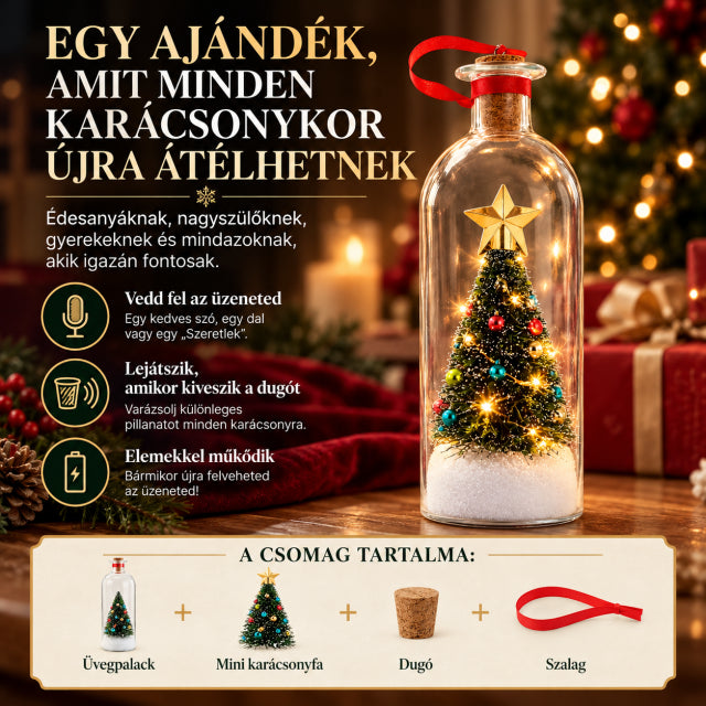 A csomag tartalma: üvegpalack, mini karácsonyfa, dugó, szalag